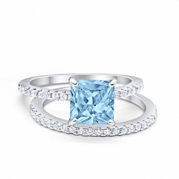 Two Piece Engagement Ring Asscher Cut Simulated Aquamarine CZ 925 Sterling Silver